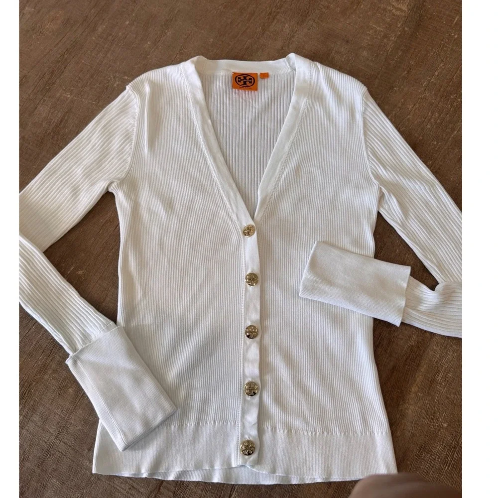 Tory Burch White Ribbed Cotton Simone Cardigan Gold Logo‎ Buttons Small
